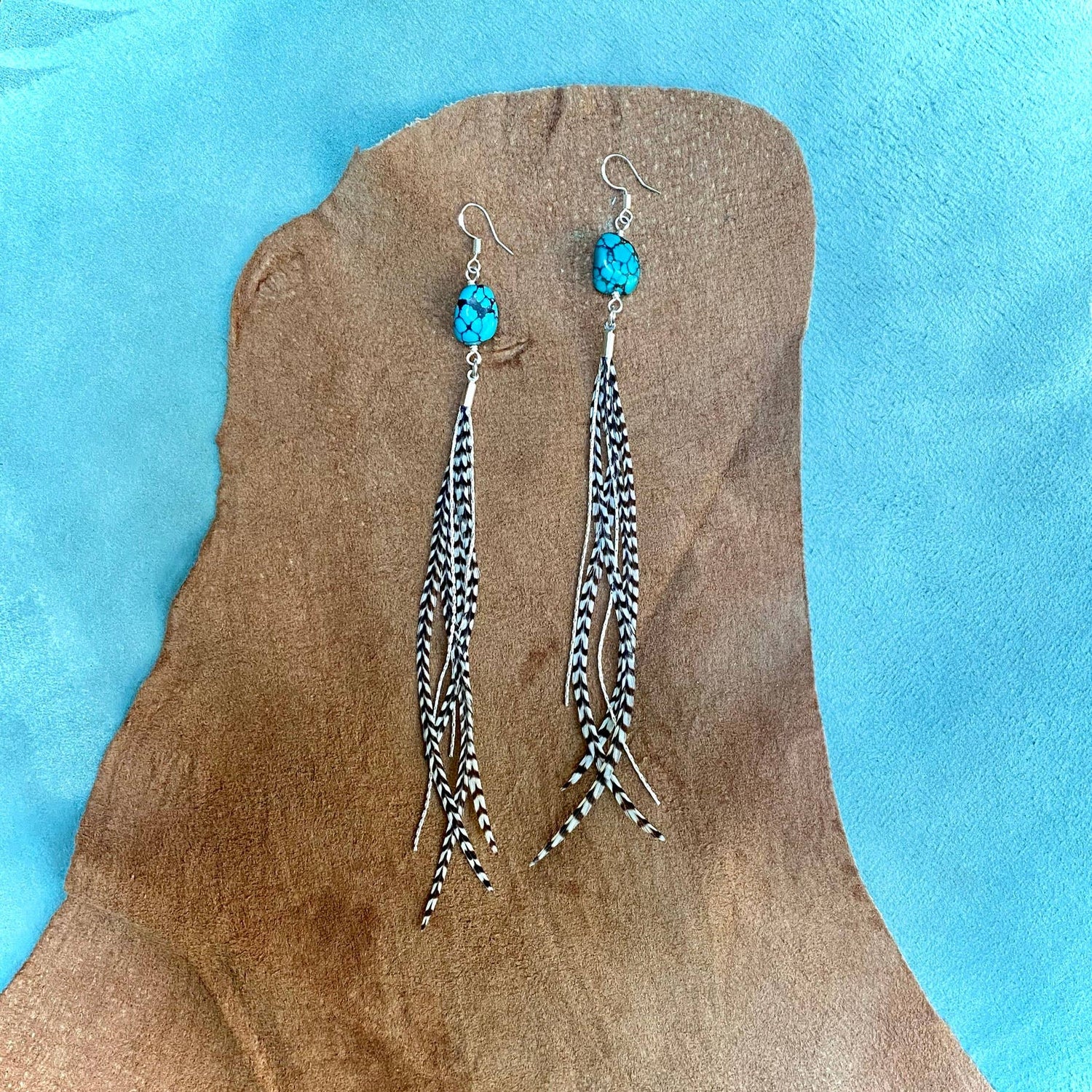 Turquoise &amp; Mini Feather Earrings - Grizzly/Silver, Western: Grizzly / Silver