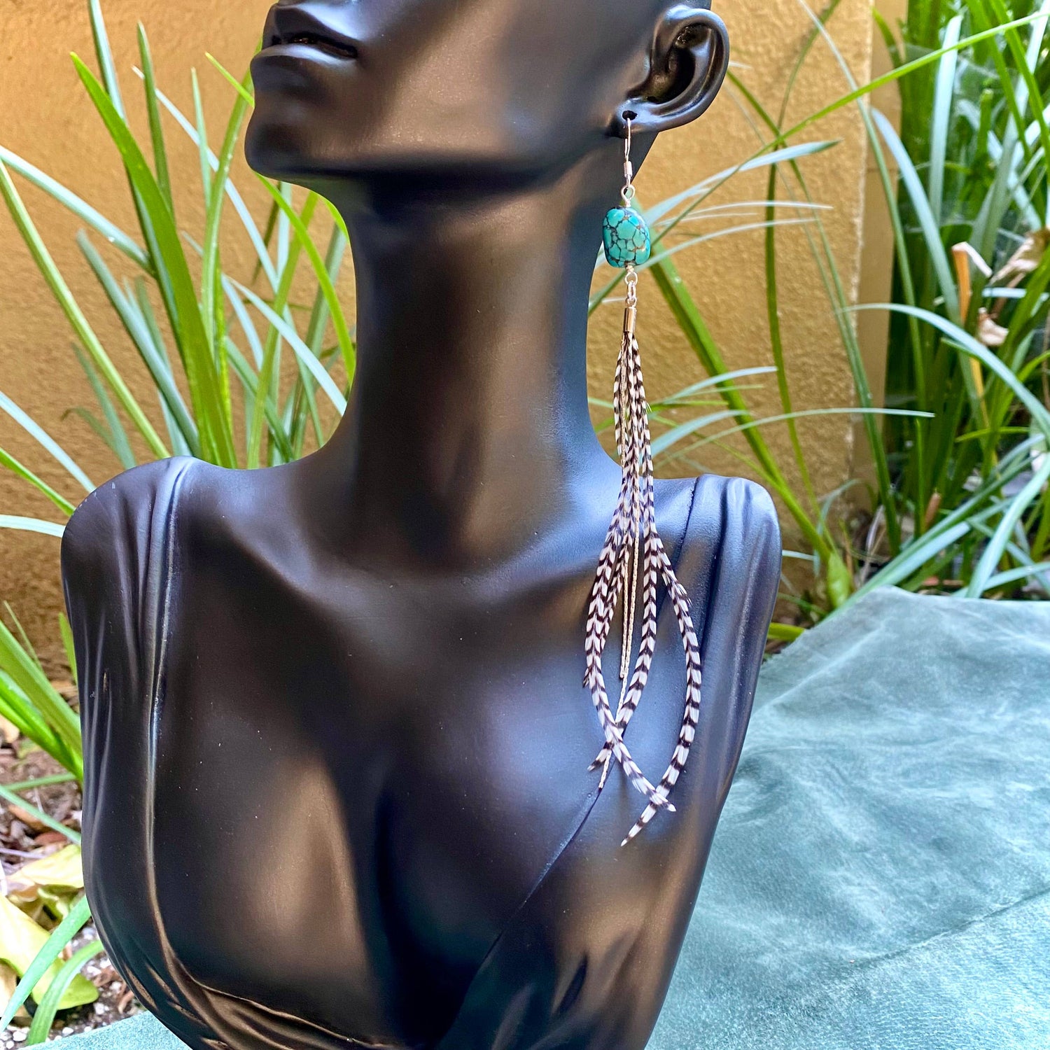 Turquoise &amp; Mini Feather Earrings - Grizzly/Silver, Western: Grizzly / Silver