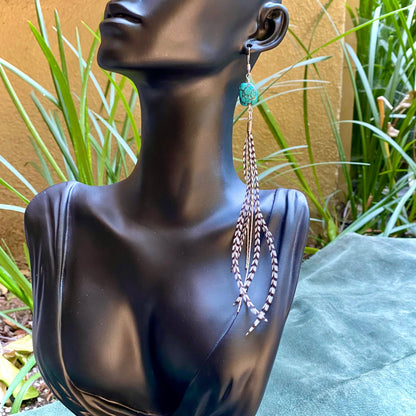 Turquoise &amp; Mini Feather Earrings - Grizzly/Silver, Western: Grizzly / Silver