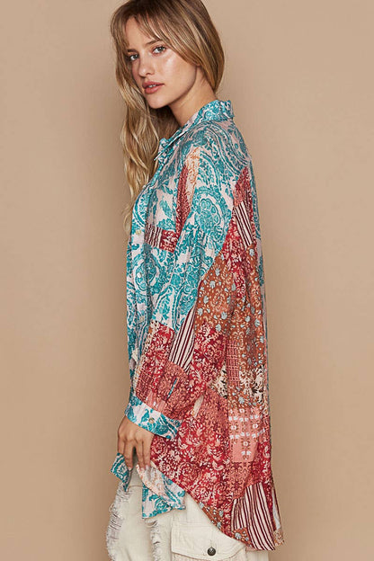 Oversized Long Sleeve Print Woven Button Down Shirt, Teal