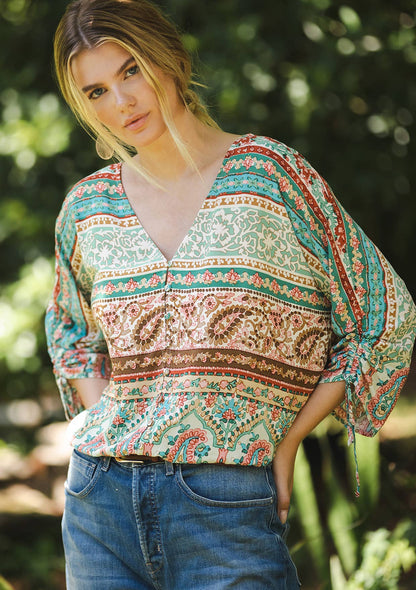 Striped Paisley V-Neck Blouse