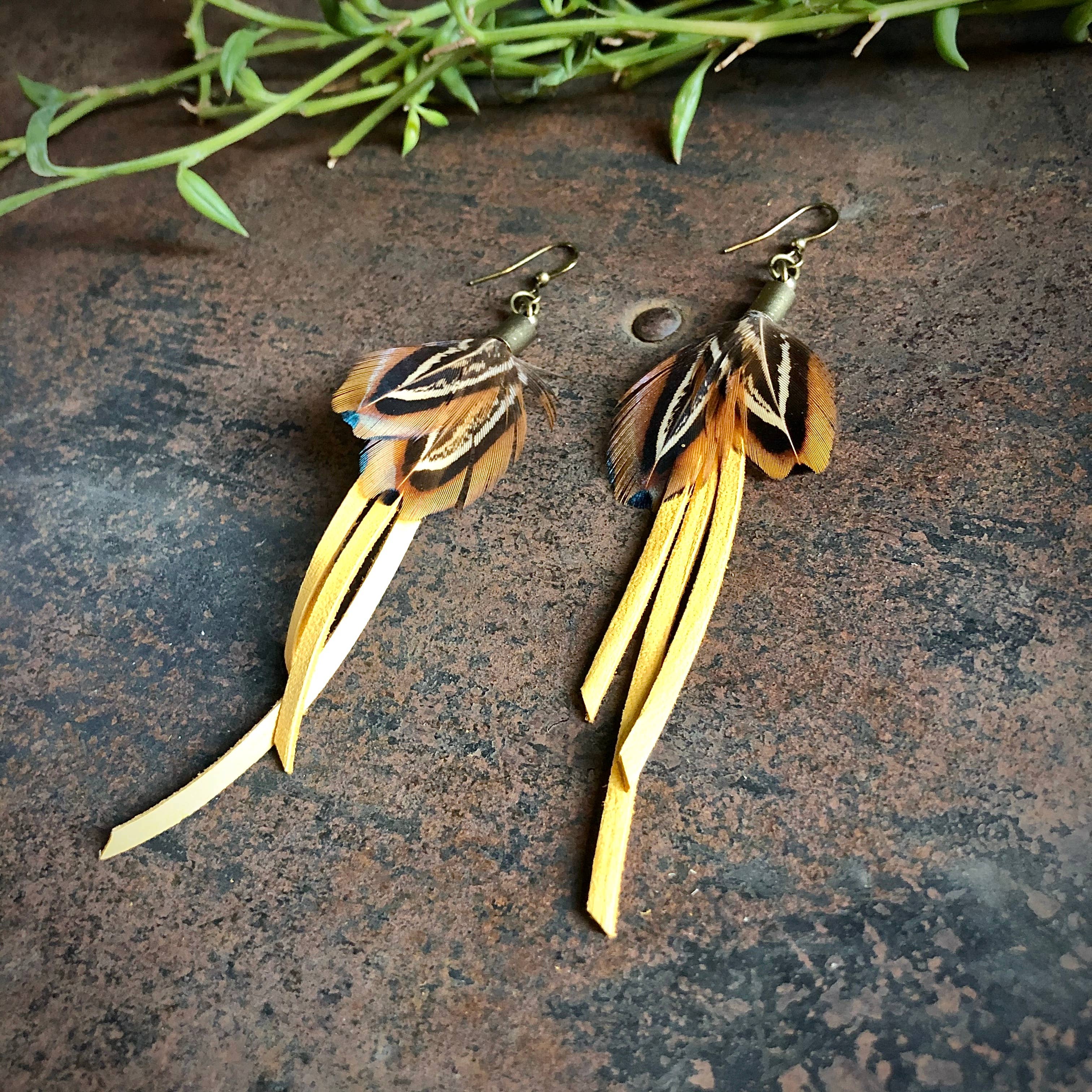 Gold Leather &amp; Pheasant Feather Earrings