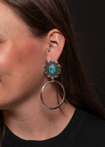 Turquoise Flower Post Silver Hoop Earrings