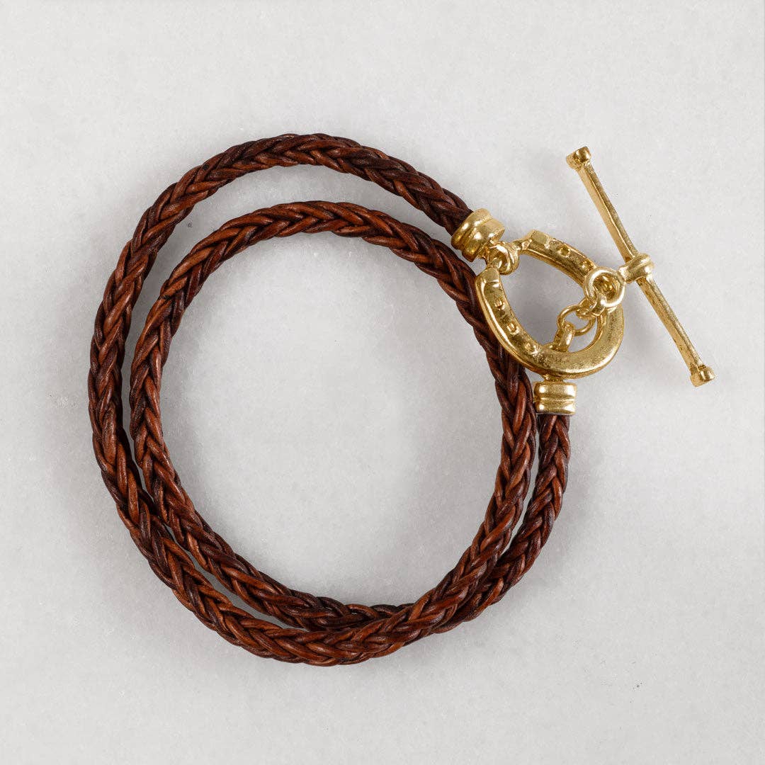 Roundup Braided Leather Horseshoe Bracelet, Brown