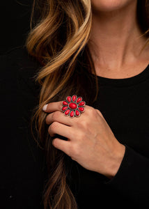 Adjustable Red  Flower Cluster Ring