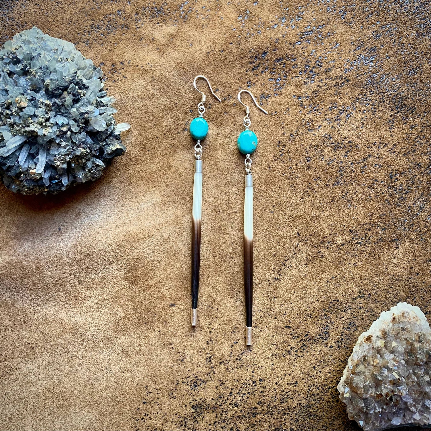 Porcupine Quill &amp; Turquoise Earrings, with Silver Earwires: Turquoise &amp; Silver