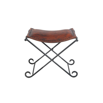 Brown Leather &amp; Iron Industrial Accent Stool