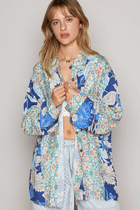 Oversized Long Sleeve Floral Woven Printed Blouse, Blue