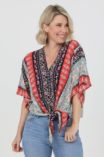 V Neck Floral Paisley Tie Front Blouse