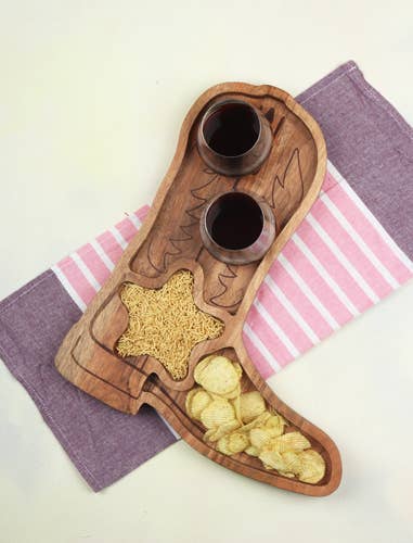 Acacia Wood Cowboy Boot Chip & Dip Platter