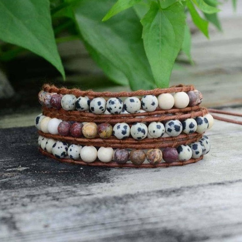 Dalmatian Jasper &amp; Red Jasper Leather Bead Wrap Bracelet