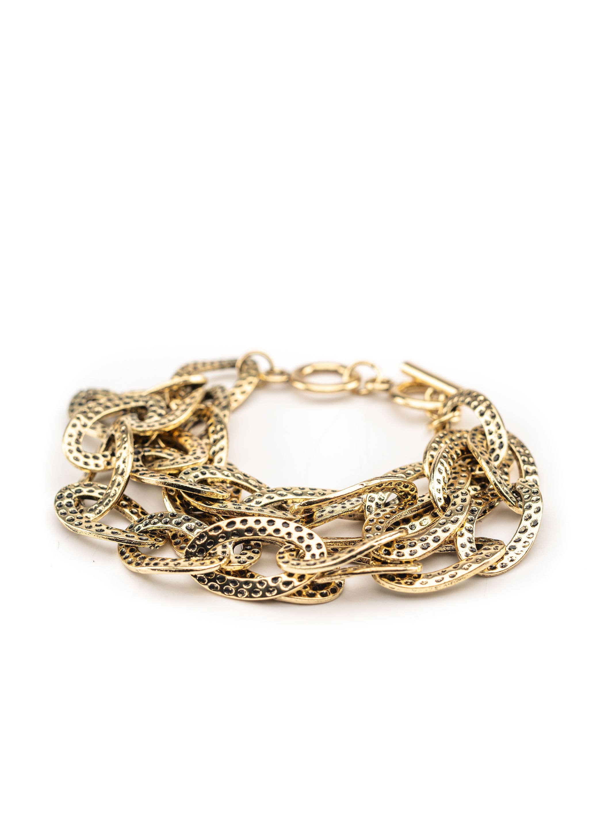 Hammered Gold Three Strand Chain Toggle Bracelet