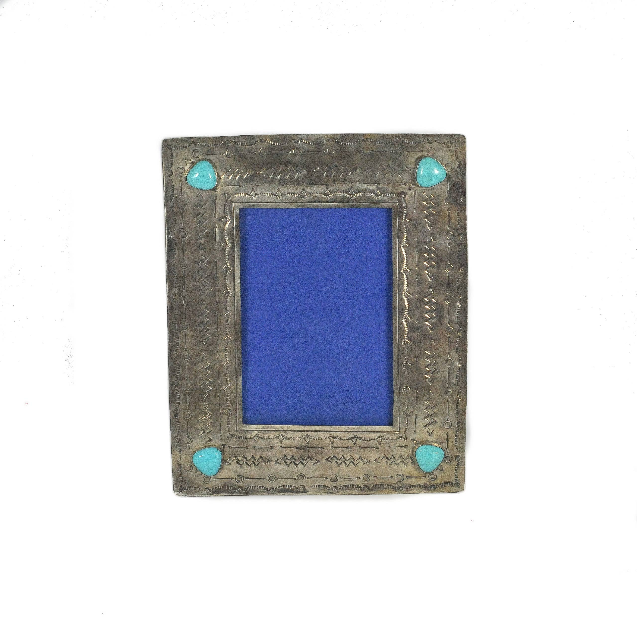 Stamped Silver Frame With Turquoise Stones, 5 X 7