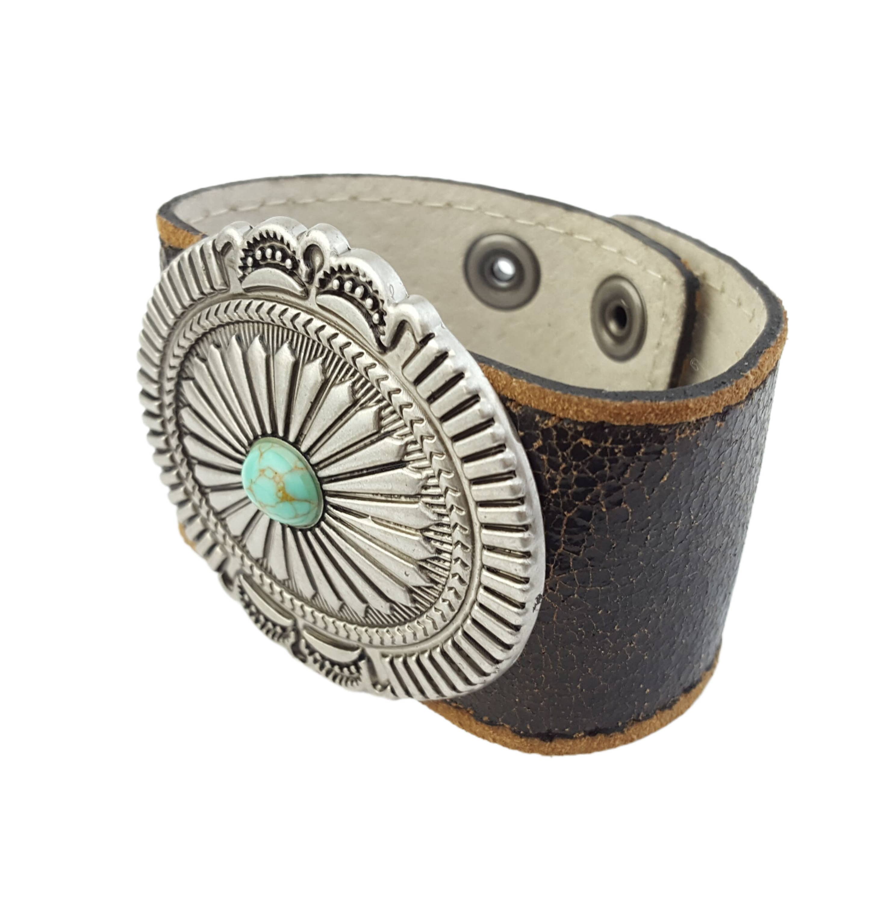 Vintage and Distressed Leather Cuff With Concho, Black