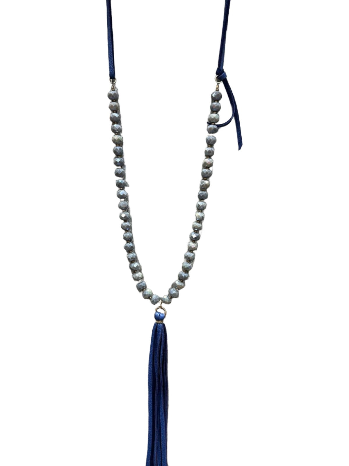 17647 Grey Austrian Crystal w/Blue Leather Tassel Necklace