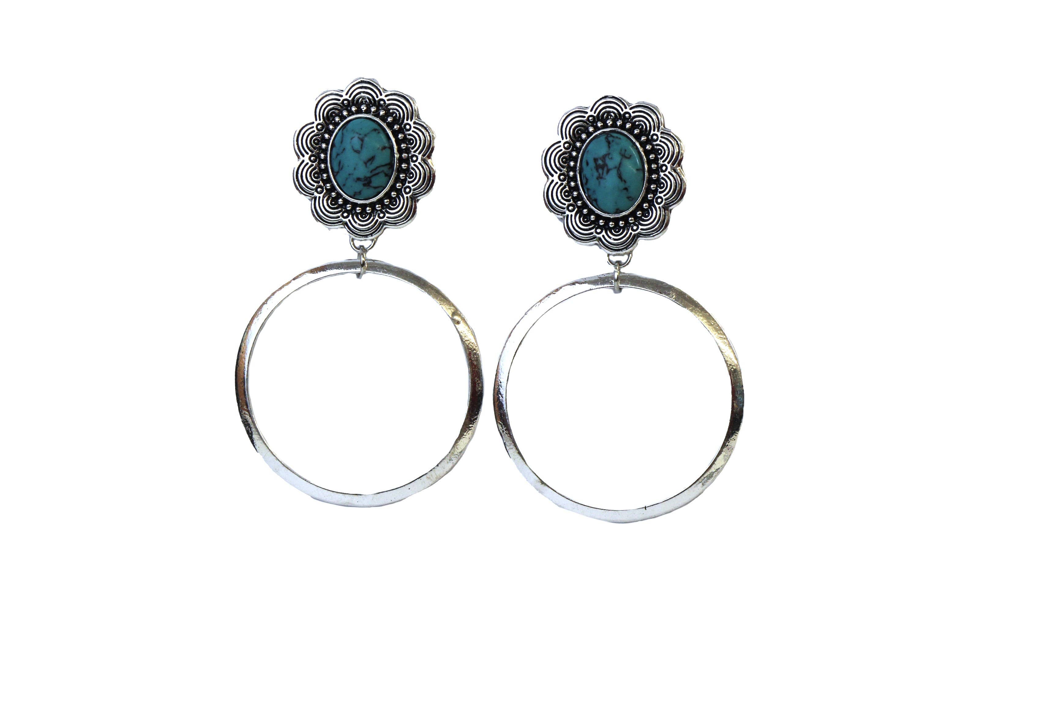 Turquoise Flower Post Silver Hoop Earrings