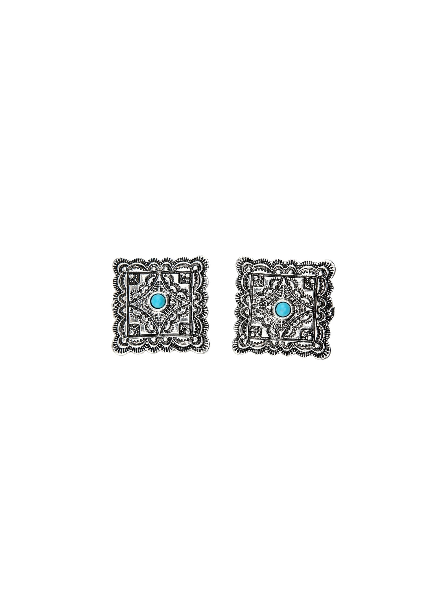 Turquoise Burnished Silver Square Stamped Post Earrings