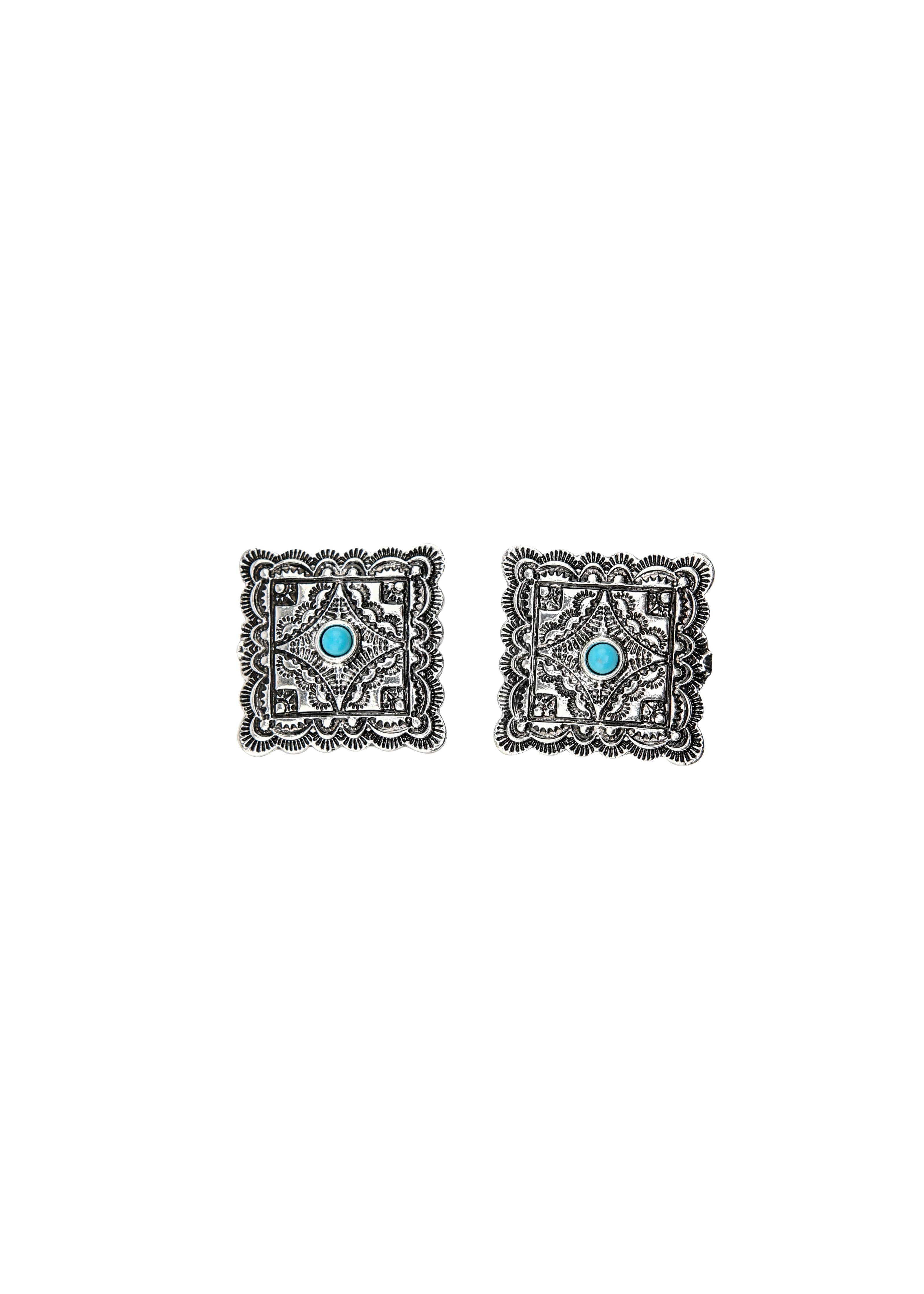 Turquoise Burnished Silver Square Stamped Post Earrings
