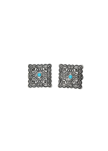Turquoise Burnished Silver Square Stamped Post Earrings