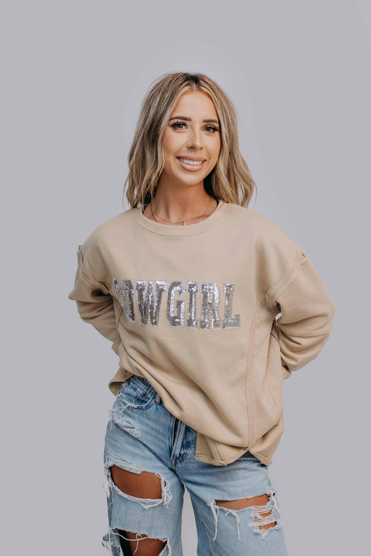 Rhinestone Cowgirl Sequin Sweatshirt, Tan