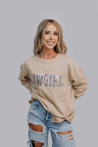 Rhinestone Cowgirl Sequin Sweatshirt, Tan