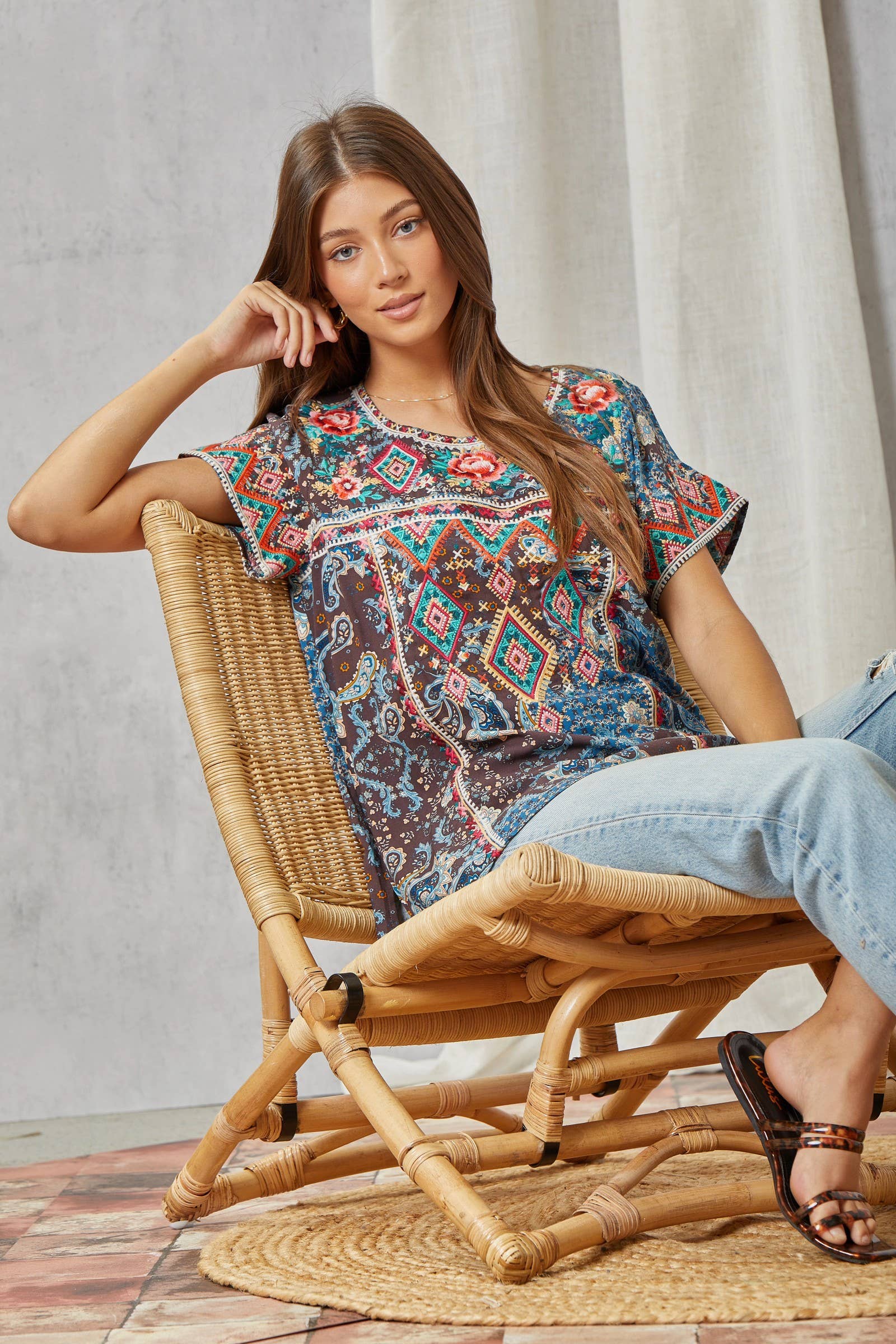 Braelyn Aztec Embroidery Top