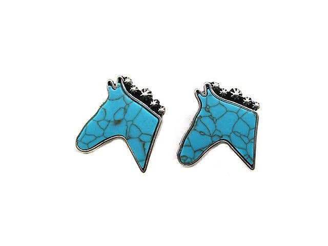 Turquoise horse-shaped earrings on a white background