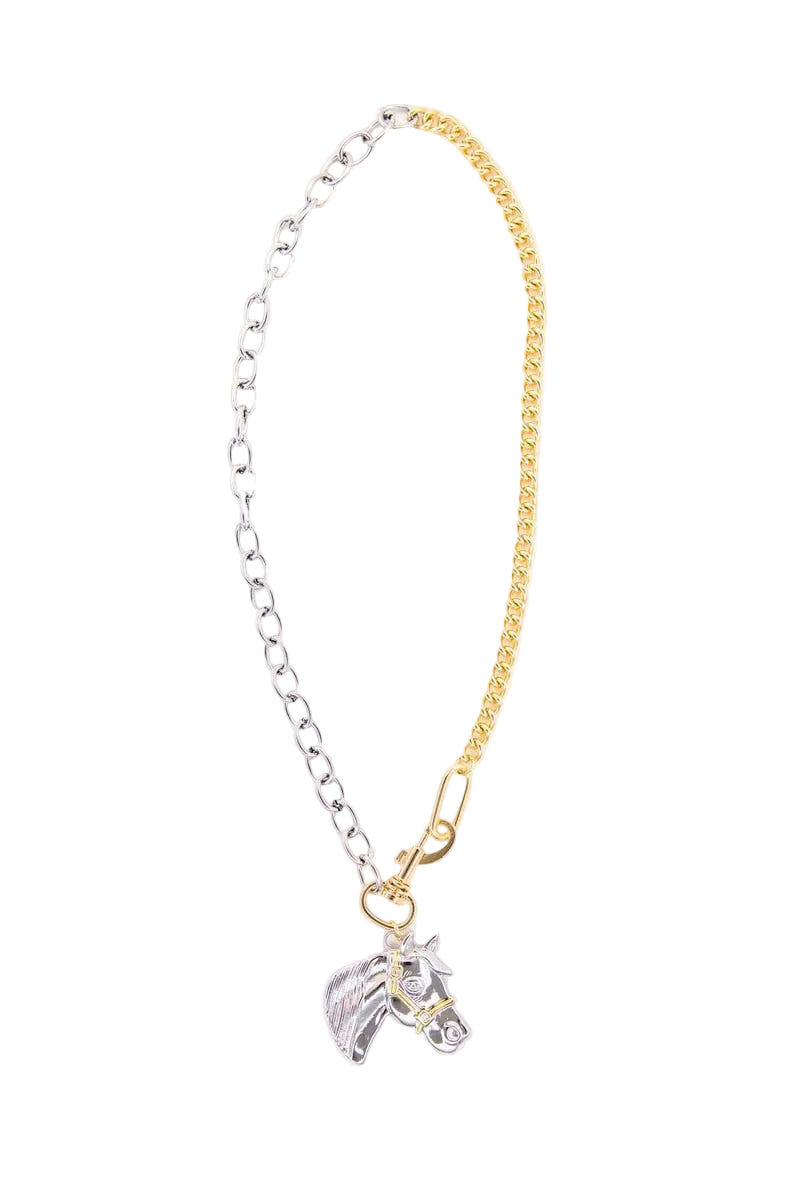 Two necklaces, one silver and one gold, with a horse charm on a white background.