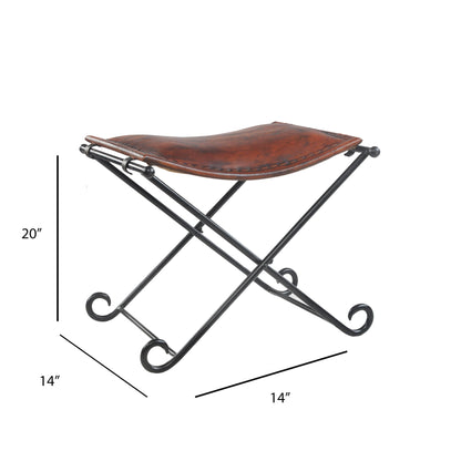 Brown Leather &amp; Iron Industrial Accent Stool