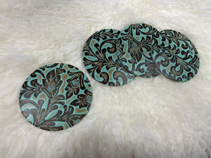 Turquoise Floral Embossed leather coaster, 4 Piece Set