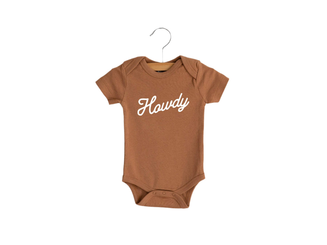Organic Howdy Modern Baby Bodysuit, Camel