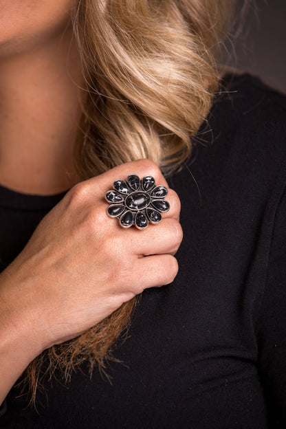 Adjustable Black Flower Cluster Ring