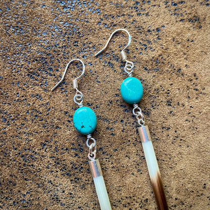 Porcupine Quill &amp; Turquoise Earrings, with Silver Earwires: Turquoise &amp; Silver