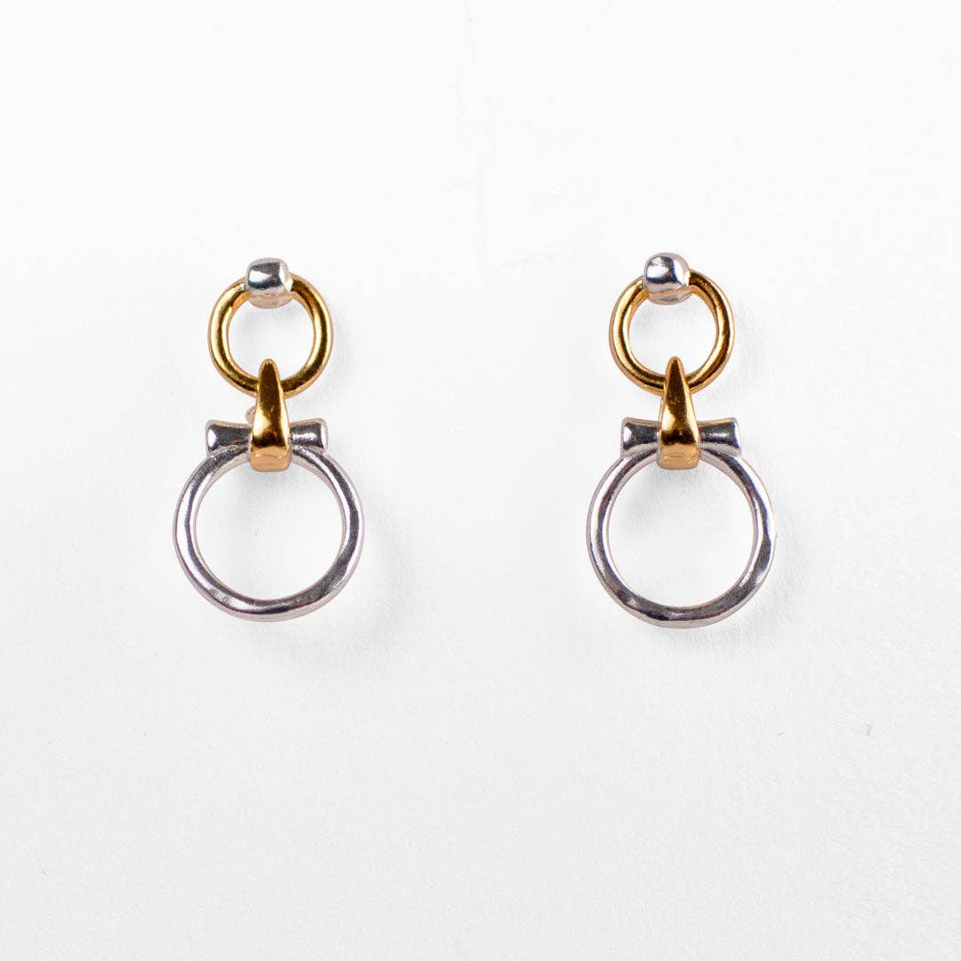 Pair of earrings with gold and silver rings on a white background