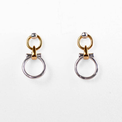 Pair of earrings with gold and silver rings on a white background