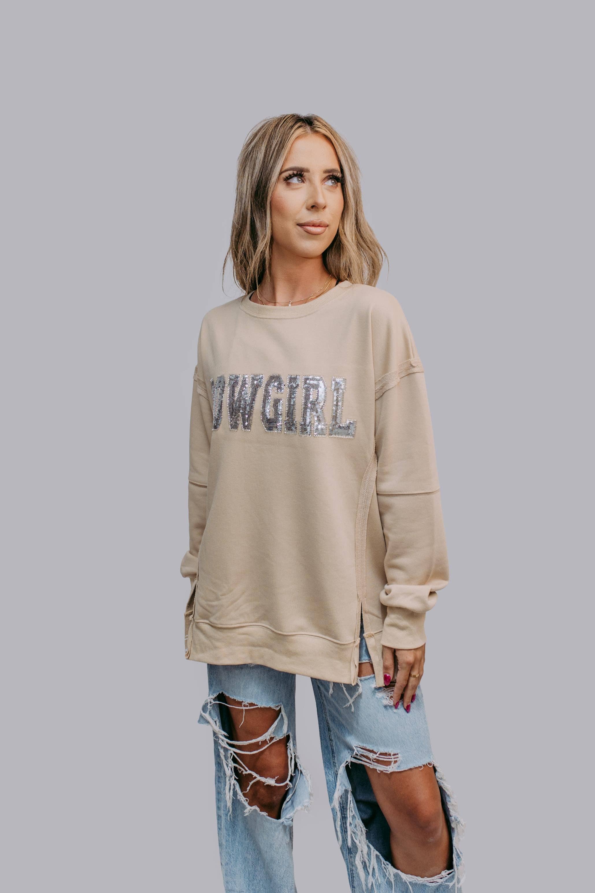 Rhinestone Cowgirl Sequin Sweatshirt, Tan