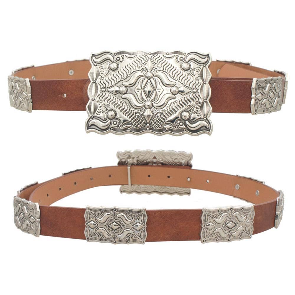 Two brown leather belts with silver ornate buckles on a white background