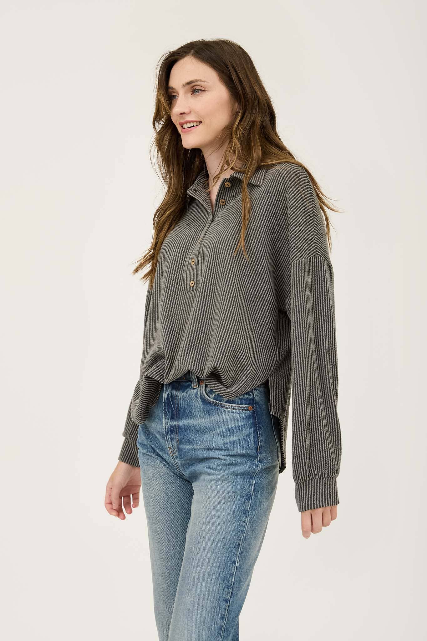 Shania Pinstripe Top, Charcoal