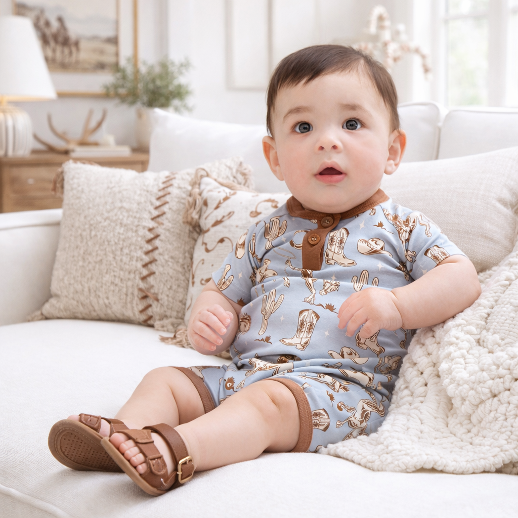 Baby sitting on a couch wearing a blue outfit with brown patterns
