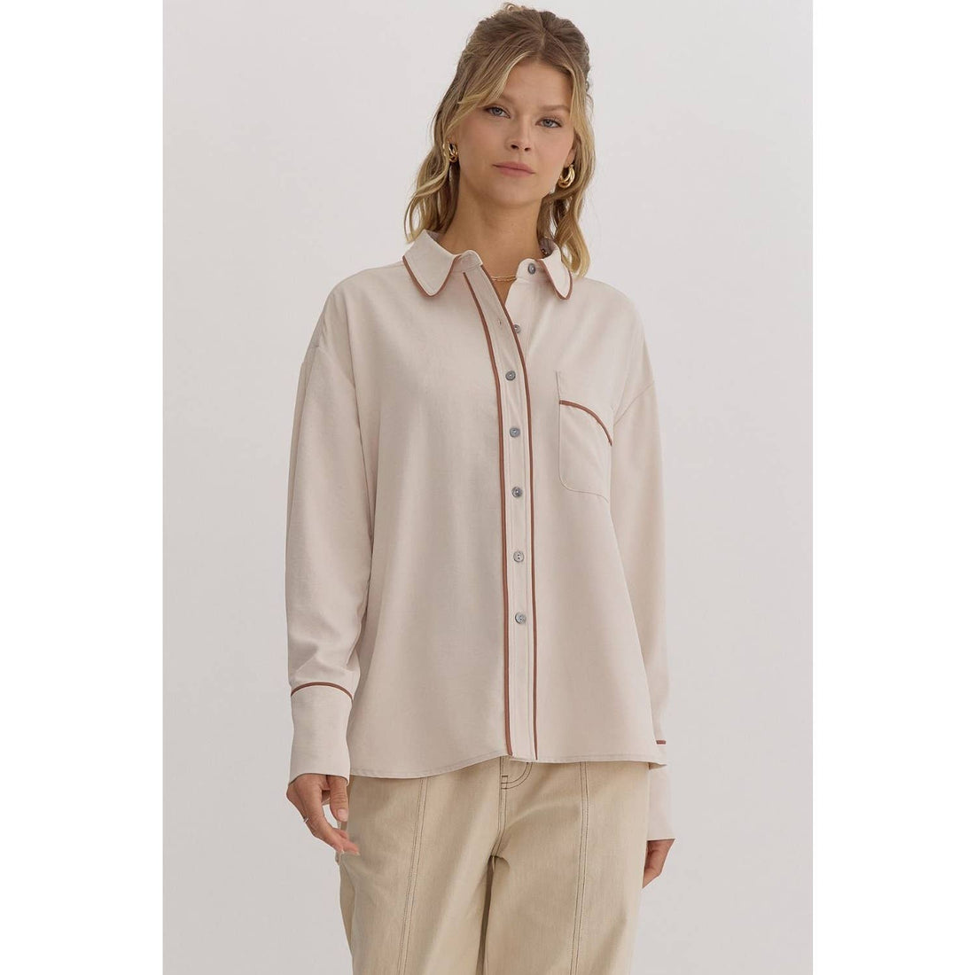 Ecru Long Sleeve Button Down Blouse