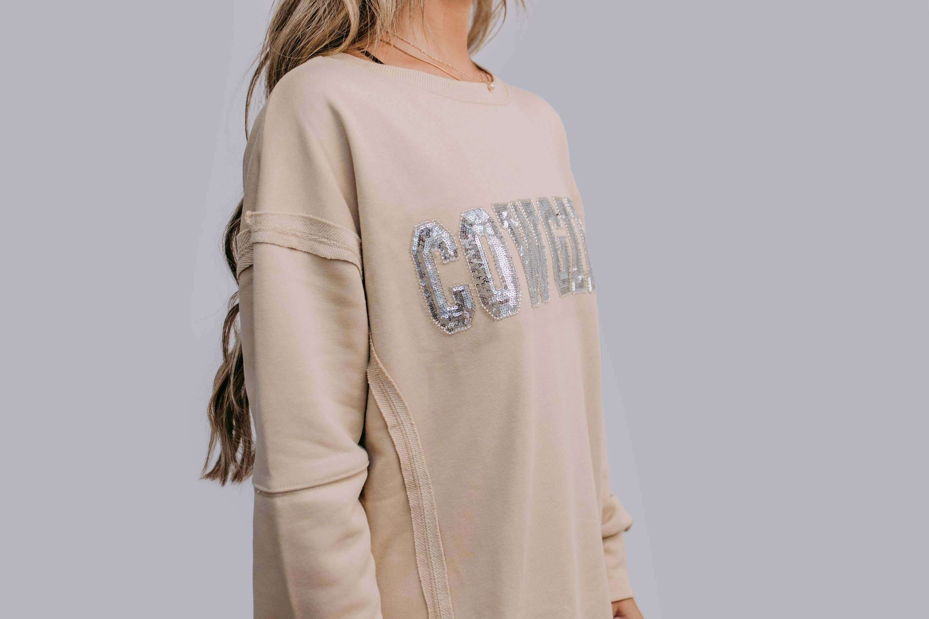 Rhinestone Cowgirl Sequin Sweatshirt, Tan