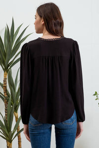 Rita Split Neckline Long Sleeve Top, Black