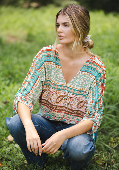 Striped Paisley V-Neck Blouse