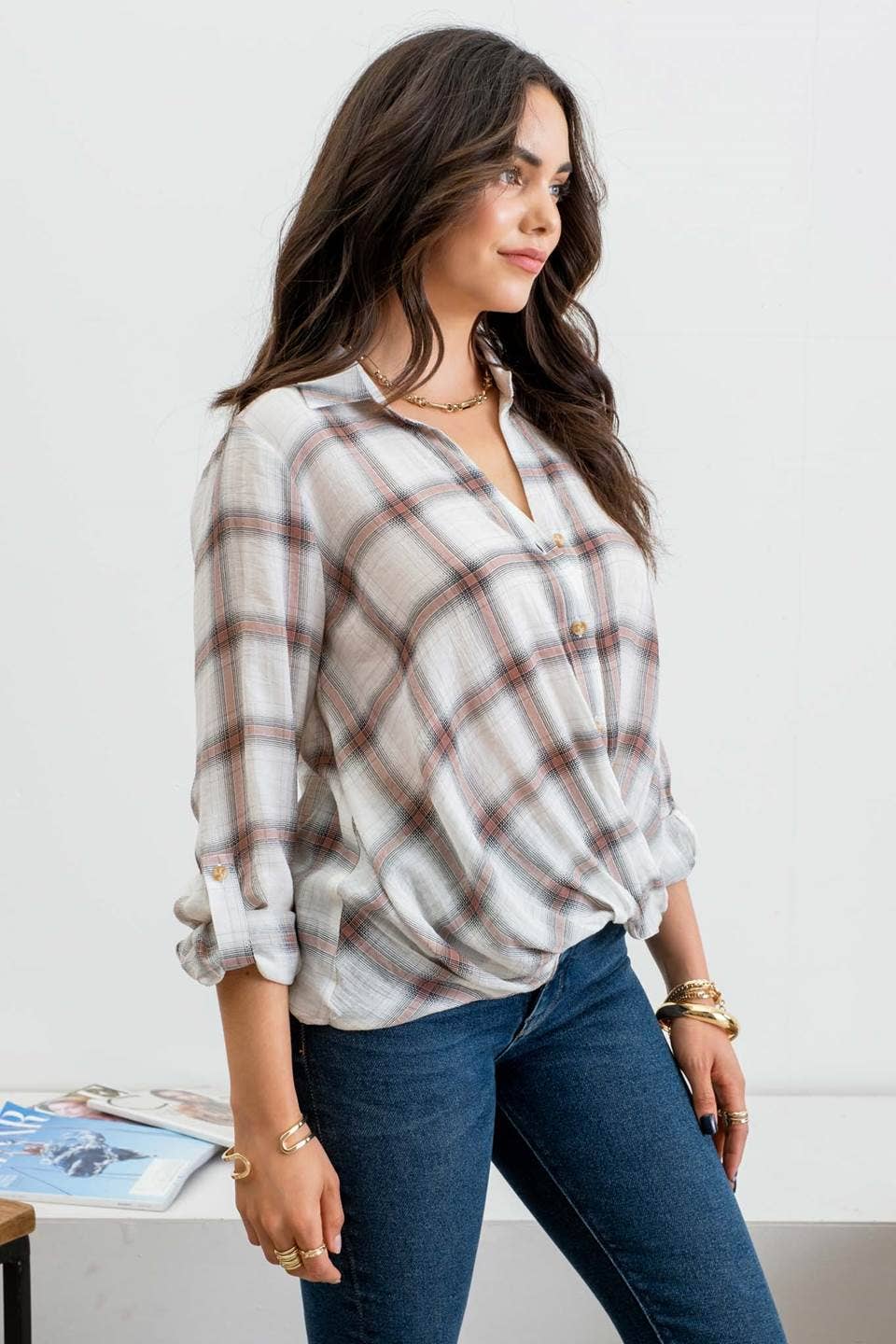 Cadie Plaid Wrap Blouse