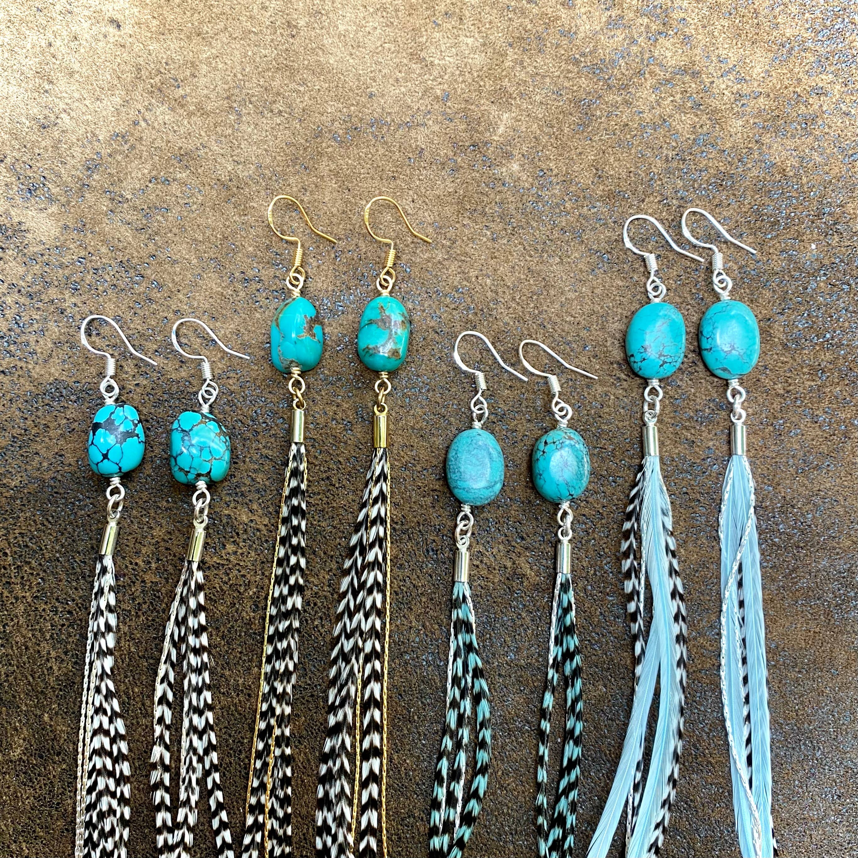 Turquoise &amp; Mini Feather Earrings - Grizzly/Silver, Western: Grizzly / Silver
