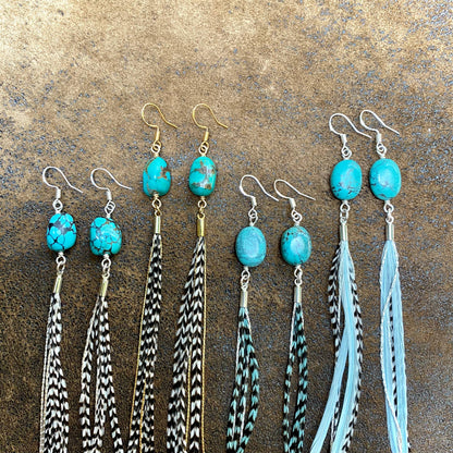 Turquoise &amp; Mini Feather Earrings - Grizzly/Silver, Western: Grizzly / Silver