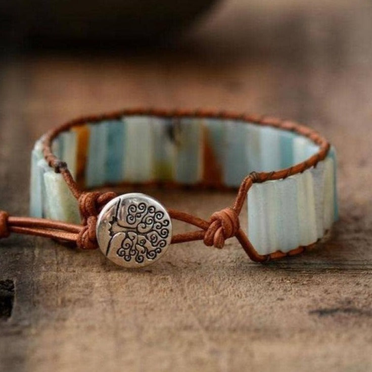 Natural  Amazonite Stone &amp; Leather Tree Of Life Bracelet