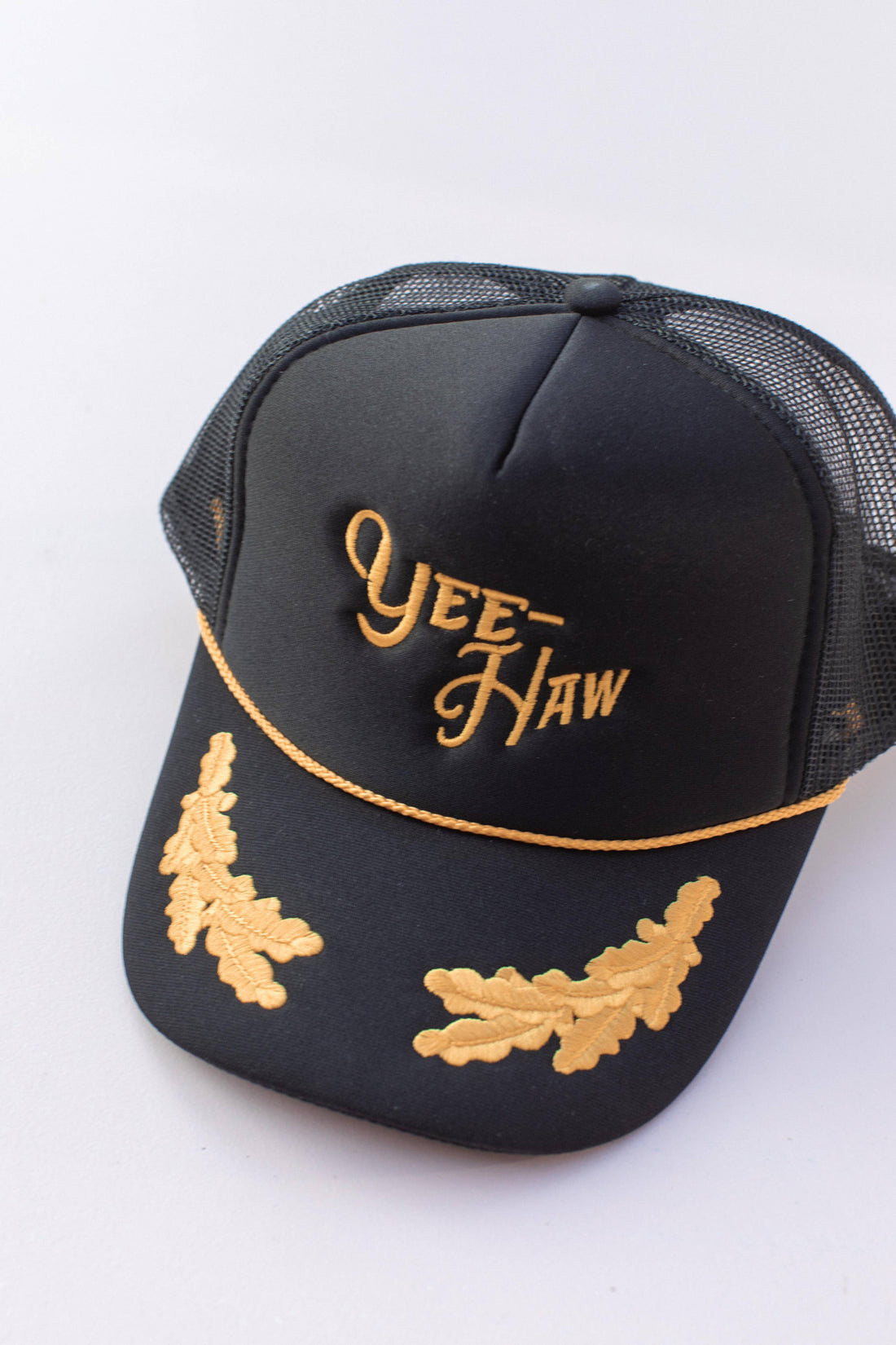 Yee Haw Trucker Hat Cap, Black Gold Leaf