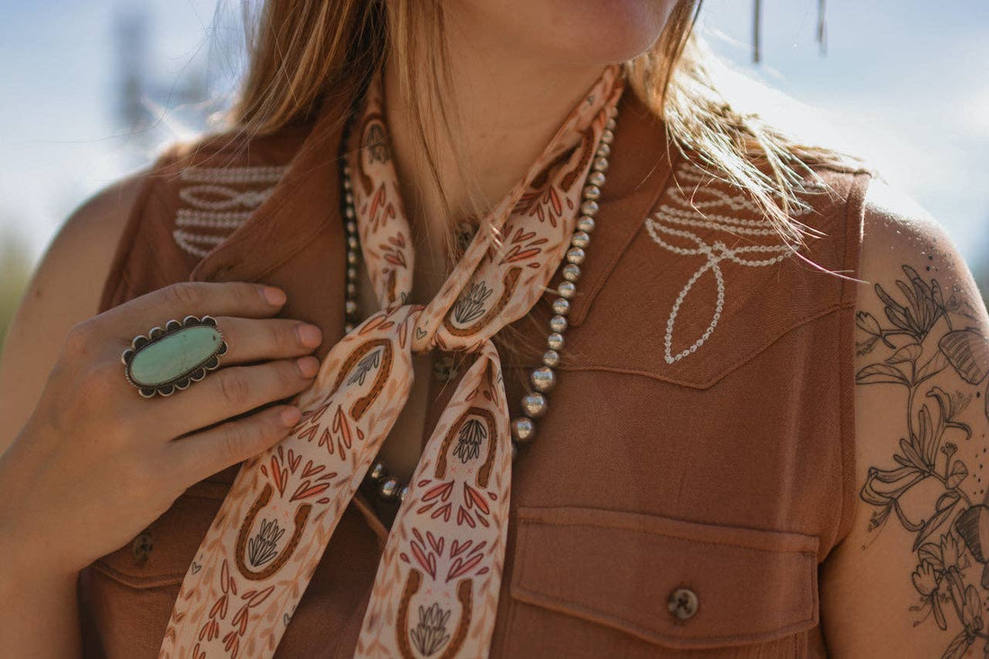 Western Harvest in Dusty Rose Silk Twilly Cowgirl Scarf - Western Harvest in Deep Juniper Silk Twilly Cowgirl Scarf