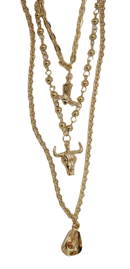 Cowboy Boot, Skull &amp; Cowboy Hat Gold Necklace
